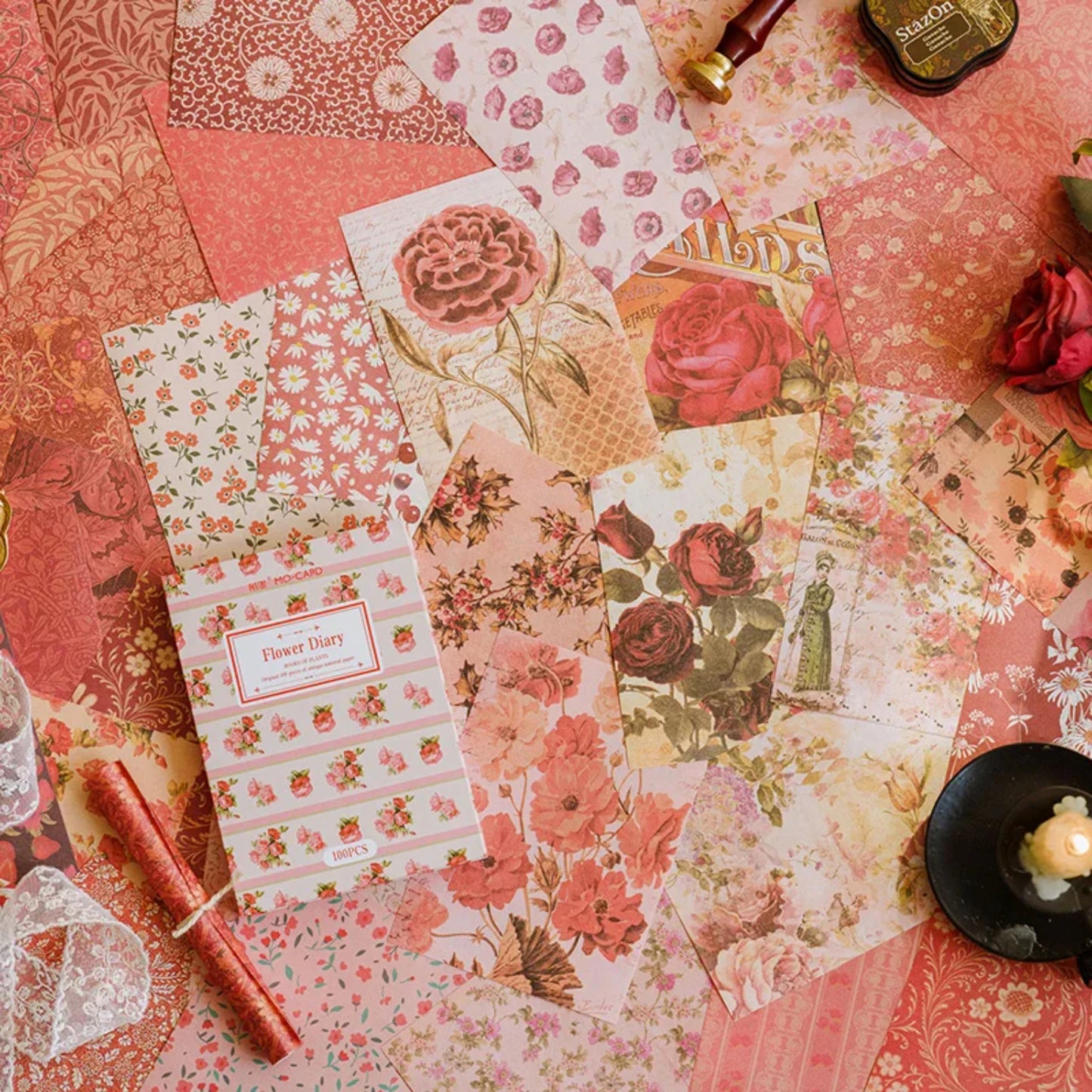 100 Pcs Vintage Floral Paper